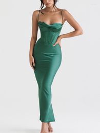 Casual Dresses Women Sexy Satin Corset Bodycon Maxi Dress Silky Spaghetti Strap Push Up Fishbone Ruched Evening Party Long