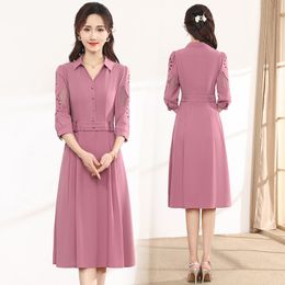 Polo Collar Dress Women's 2023 Autumn New Korean Style Graceful and Fashionable Stitching Mid-Length Women's Clothing A- line Skirt