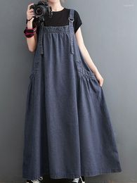 Casual Dresses Women Spring Autumn Denim Spaghetti Strap Sleeveless Temperament Dress Female Oversized Ankle-length Straight Pullover