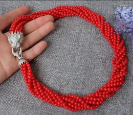 Chains 8strds Red Coral Round Necklace-zircon Clasp