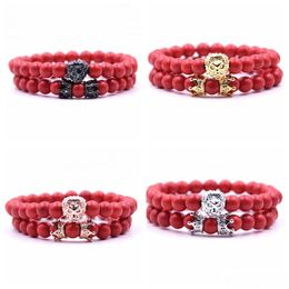 Beaded 2Pcs/Set Animal King Lion Head Red Turquoise Bangle Natural Stone Crown Couple Bracelet Sets For Men Hand Jewelry Accessories Dhg83