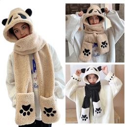 Beanie/Skull Caps Cute Panda Hat Scarf Gloves 3-piece Set Plush Fluffy Cartoon Hat Women Winter Animal Paws Windproof Hoodie Cap Scarf Mitten 231118