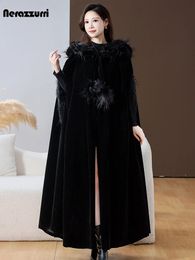 Women's Jackets Nerazzurri Autumn Winter Long Black Warm Velvet Cloak Women with Faux Fur Trim Hood Luxury Maxi Goth Clothes 2023 231118