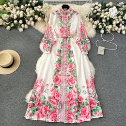 Basic Casual Dresses Gorgeous Holiday Flower Maxi Dress 2024 New Women's Stand Collar Long Lantern Sleeve Floral Print Belt Robe Vestido