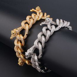 Men Hip Hop Jewellery Bangles Full Iced Out Panther Design Cuban Bracelet 18k Gold Plated Cz Prong Link