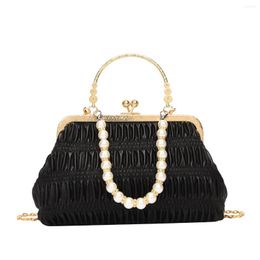 Evening Bags Brand Pleated Leather Handbag Summer Woman Shoulder Pearl Chain Clip Crossbody Bag Purse Lady Luxury Clutch Satchel