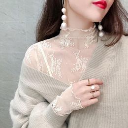 Women's Blouses & Shirts Blouse Women Turtleneck Grenadine Lace Long Sleeve Sexy See-through Top Blusas Ropa De Mujer