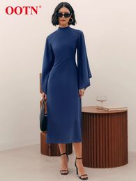 Casual Dresses OOTN Elegant O Neck High Waist A Line Women Sexy Hollow Out Slim Chiffon 2023 Spring Chic Flare Sleeve Midi 230419