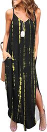 HUSKARY Women's Summer Casual Sleeveless V Neck Strappy Split Loose Dress Beach Cover Up Long Cami Maxi Dresses with Pocket