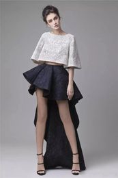 Fashion Krikor Jabotian Two Pieces Prom Dresses Black White Evening Gowns With Sleeves Short Mini Asymmetrical Skirt High Low