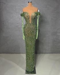 무도회 녹색 인어 드레스 긴 소매 V 목 아플리케 스팽글 스팽글 구슬 길이 3D 레이스 중공 다이아몬드 진주 이브닝 드레스 신부 가운 플러스 크기 커스텀
