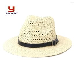 Berets 2023 Arrivel Summer Women Men Solid Outdoor Travel Beach Sea Sunprotection Straw Leather Belt Sun Visor Hat