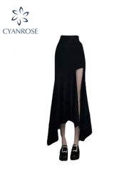 Skirts Y2k High Waist Slim Wrap Hip Black Big Split Fishtail Skirt Women Elegant Fashion Irregular Mid length Dress Korean Style 230419