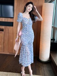 Basic Casual Dresses Summer Women Maxi Dress Sweet Elegant Girly Blue Mesh Embroidery Floral Puff Sleeve Bodycon Pleated Wrap Hip Fishtail Robe Femme 2024