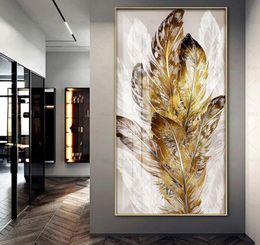 Golden Feather Posters Entrance Painting Wall Art For Living Room Canvas Prints Abstract Pictures Modern Light Luxury Home Decor4684502