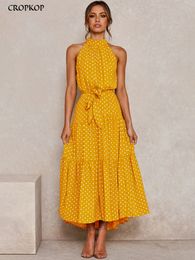 Casual Dresses Summer Long Dress Polka Dot Casual Dresses Black Sexy Halter Strapless Yellow Sundress Vacation Clothes For Women 230419