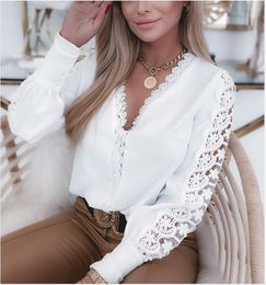 Women's Blouses Autumn Winter Long Sleeve Shirts For Women V-neck Lace Patchwork Shirt Female Chemise Blanche Ladies Tops Fashion 2023