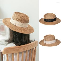 Wide Brim Hats Summer Woven Straw Hat Flat Ribbon Boho Panama Boater Beach