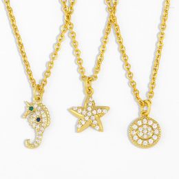 Pendant Necklaces FLOLA Mini CZ Crystal Star Necklace For Women Small Circle Round Seahorse Gold Plated Jewellery Gifts Nker78