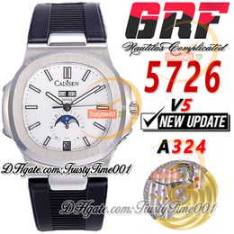 GRF V5 Complicated Annual Calendar 5726 A324 Automatic Mens Watch Moon Phase White Dial Stick Markers Steel Case Rubber Strap SS Super Edition trustytime001Watches