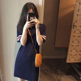 Casual Dresses Women Polo Collar Patchwork Dress V Neck Ribbed Knitted Summer Short Sleeve Elegant Robe Cute Female Y2K U326