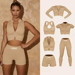 2023 Women 6 Piece Ribbed Yoga Set Zipper Natural Colour Activewear Suit Jogger Seamless Sportswear Fitness Workout Gym Clothing