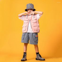 Stage Wear Kids Hip Hop Clothing Pink Sleeveless Jacket Tshirt Tops Streetwear Cargo Shorts For Girl Boy Jazz Dance Costume Clothes