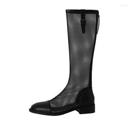 Sandals Fashion Knee-Length Boots Women Summer Genuine Leather Sexy Black Net Round Toe Flat Heel