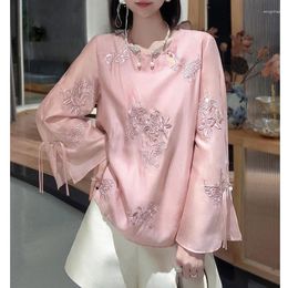 Women's Blouses High Quality Chinese Style O-Neck Shirt Women's Design Retro Flare Sleeve Button Embroidered Butterfly Casual Top S-XXL