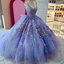 Luxury Lavender Shiny Lace Princess Quinceanera Dress Ball Gown 2024 Beaded Tassels Party Gown Flower Sweet 16 Dress Vestido De Noiva