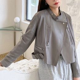 Women's Leather Faux Locomotive Jackets For Women High Quality Female Grey Short Slim Zippers Pockets Genuine Coat Mujer Motorcycle Vetement 230418