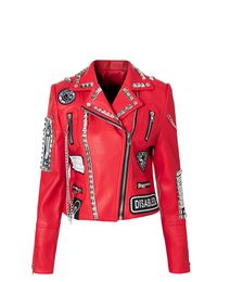 Women's Pu Leather Jackets Graffiti Floral Letter Print Punk Motorcycle Biker Zip Rivet Chains Waist Woman's Coats Contrast Color Outerwear 6957