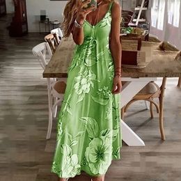 Casual Dresses S-5XL 7Colors Floral Printing V-Neck Strap Long Dresses Casual Bohemian Sleeveless Women Summer Beach Travel Party Wear 230419