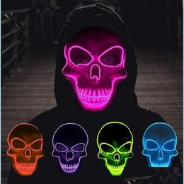 Party Masks Halloween Led Light Up Mask El Wire Skl Scary Fl Face Cs Game Protectors Masquerade Costume Glowing Props Drop Delivery Dh2An