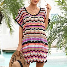 Women's Swimwear Sexy Beach Striped Cover Up Crochet Women Short Sleeve Dress Bikinis Ups Summer Holiday Outfits Wear