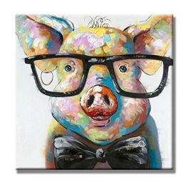 Hand Painted Oil Painting Animal Smart Pig Unframed 24X24inch Wall Art Canvas Art for Home Decoration9454515