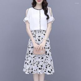 Work Dresses Sets Of Female 2023 Covering Belly Shows Fashion Two Piece Set Dress Top Fragmented Blossom Skirt Short Sleeve Blouse