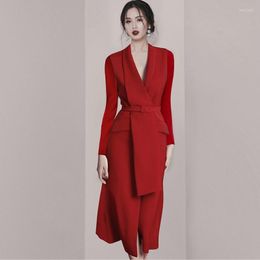 Casual Dresses Spring Autumn 2023 Party Bodycon Dress Runway Women Notched Collar Long Sleeve Red Midi Office OL Belt Vestidos