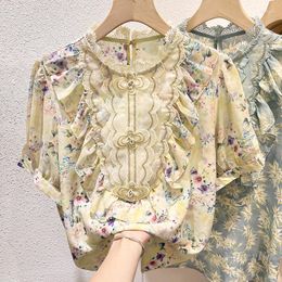 Women's Blouses Elegant Floral Femme 2023 Summer Slimming Stand Collar Lace Organza Stitching Printing Short Sleeve Chiffon Shirt