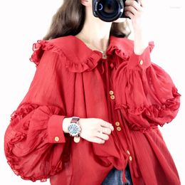 Women's Blouses Spring Autumn Women Loose Plus Size Mori Kei Girl Vintage Lantern Sleeves Sweet Girly See-through Thin Cotton Shirts/Blouses