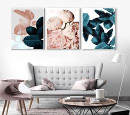 Modern Pink Flowers green plants Wall Poster print on canvas painting abstract painting wall art pictures for Living Room home7388060
