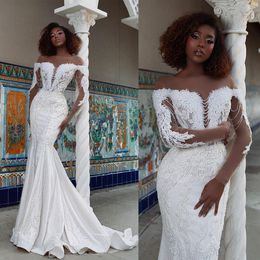 Sexy Mermaid Wedding Dresses With Deep V-Neck New Embroider Bridal Gown Shine Tulle Lace Brush Train Robe De Vestido Customised