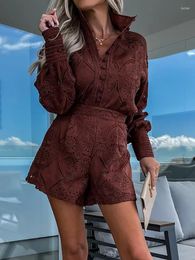 Women's Tracksuits Lace Slim Fit Mini Shorts Two Piece Set Summer Female Patchwork Hollow Out Outfits Women Office Chic Long Sleeve And