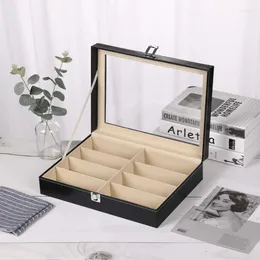Jewelry Pouches PU Glasses Storage Display Box Watch Organizer With Transparent Glass Cover Built In Flannelette Hardware Lock