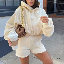 Women s Two Piece Pants Tracksuit Loose Hooded Short Sweatshirt Drawsting High Waist Shorts Suit Autumn Winter Casual Sport Lady Sets 230418