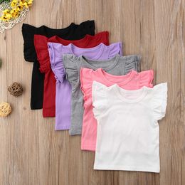 T-shirts Summer Candy Colours Children T-Shirt Ruffle Sleeve Vest Baby Toddler Girl Fly Sleeve T-shirts Kid Clothes Tee Top For Girls P230419