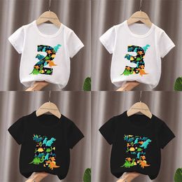 T-shirts Different Dinosaur Tyrannosaurus Rex Birthday Number Bow Kids T shirt 1 2 3 4 5 6 7 8 9 Years Girls Clothes Baby Boys T-Shirts P230419