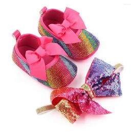 First Walkers Summer Baby Shoes For Girls Fashion Sequins Rhinestone Bowknot Princess With Headband Set Girl 0-18M