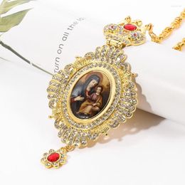 Pendant Necklaces Religious Long Chain Necklace Virgin Mary Oval Male And Female Hip Hop Chest Crown Red Crystal