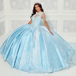 Sky BlueV-Neck Sparkle Sequined Quinceanera Dress Flowers Applique Beaded Ball Gowns Sweep Train Vestido de 15 Anos Sweet 16